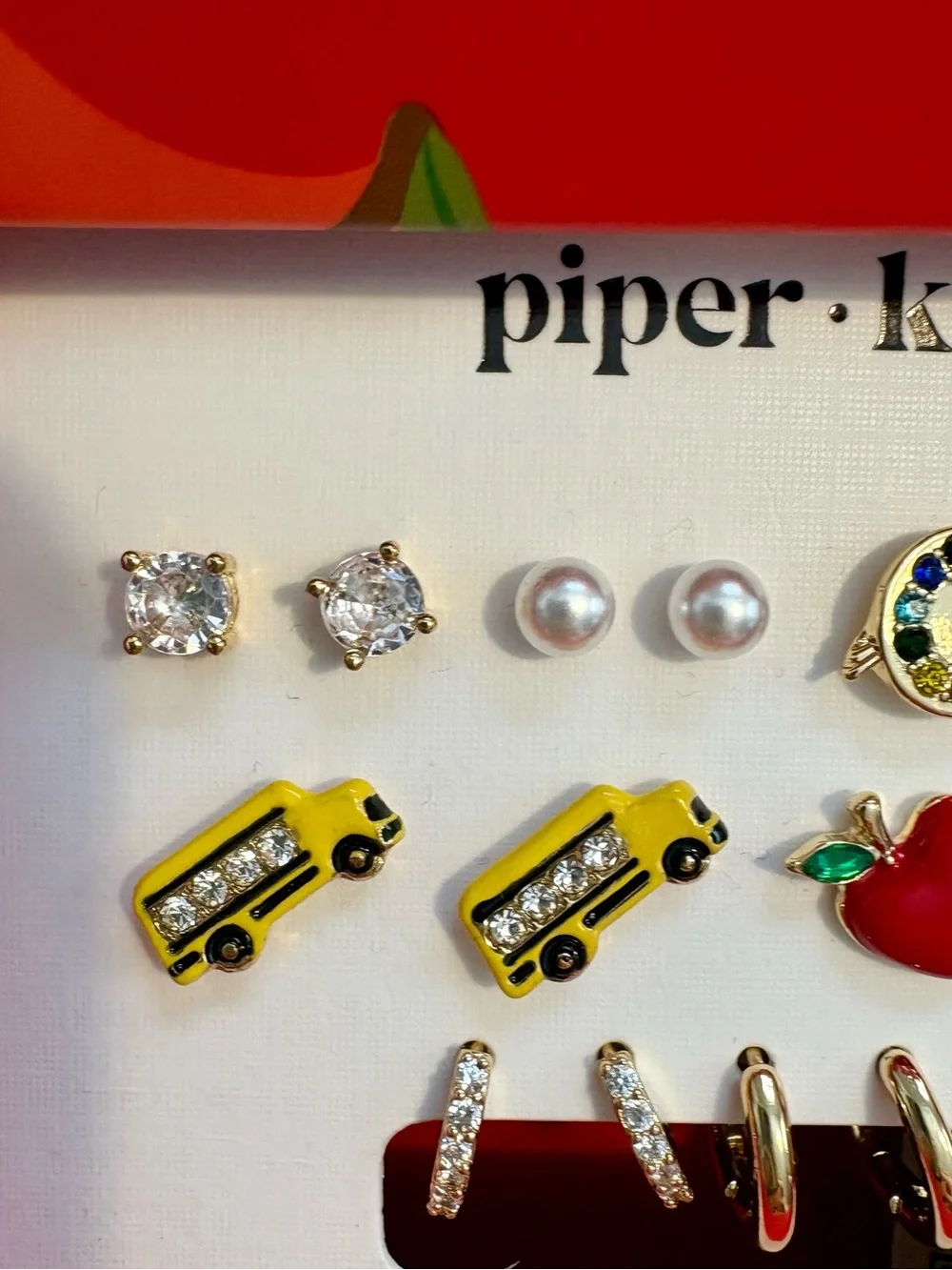 Piper·K 7 Pair School Teacher Theme Earrings Set, Clear CZ & Glass, Nickel-Free